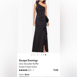 Xscape Black One-Shoulder Ruffle Scuba Crepe Gown. Black Tie. Wedding Guest.